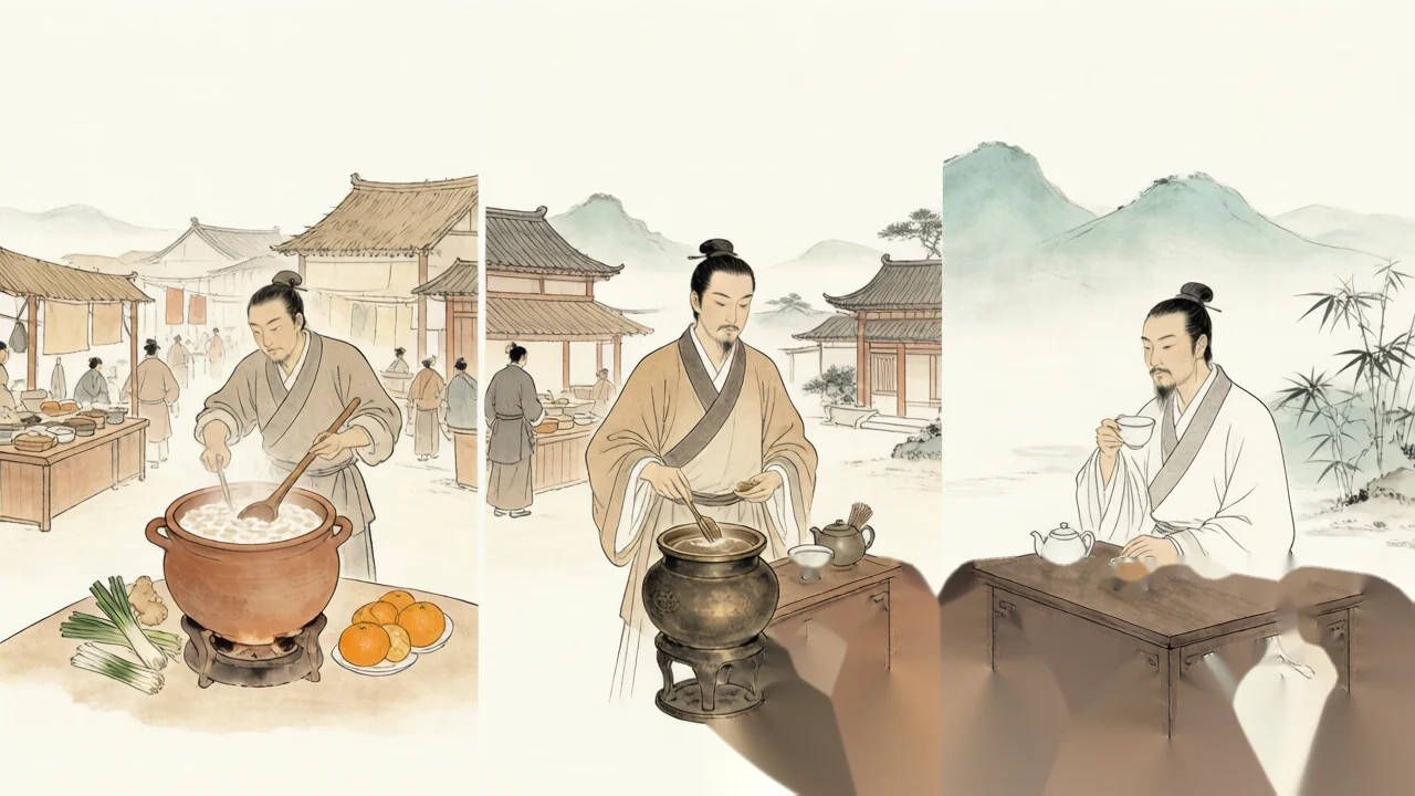 药、食、饮三幕 · AI 意境图,非实拍