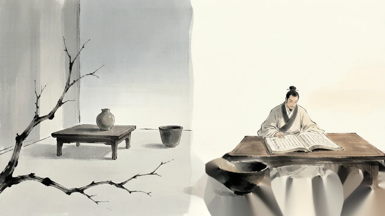 两种茶室的话术对照 · AI 意境图,非实拍