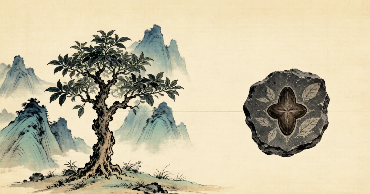 古茶树与茶籽化石对照 · 示意图，非实拍
